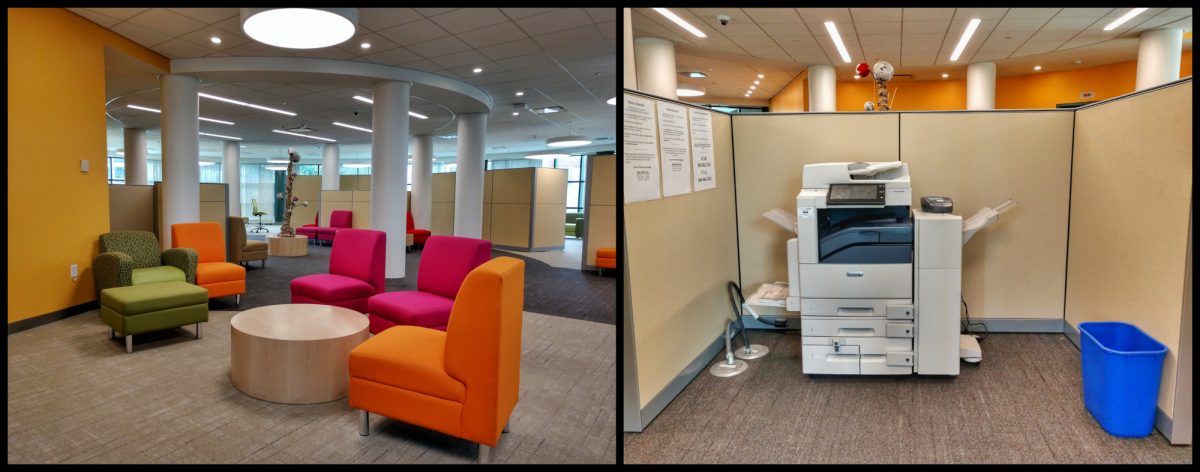 Collage: Colorful comfy chairs in the newly renovated Study Area (left), Printer unit behind partition wall (right)