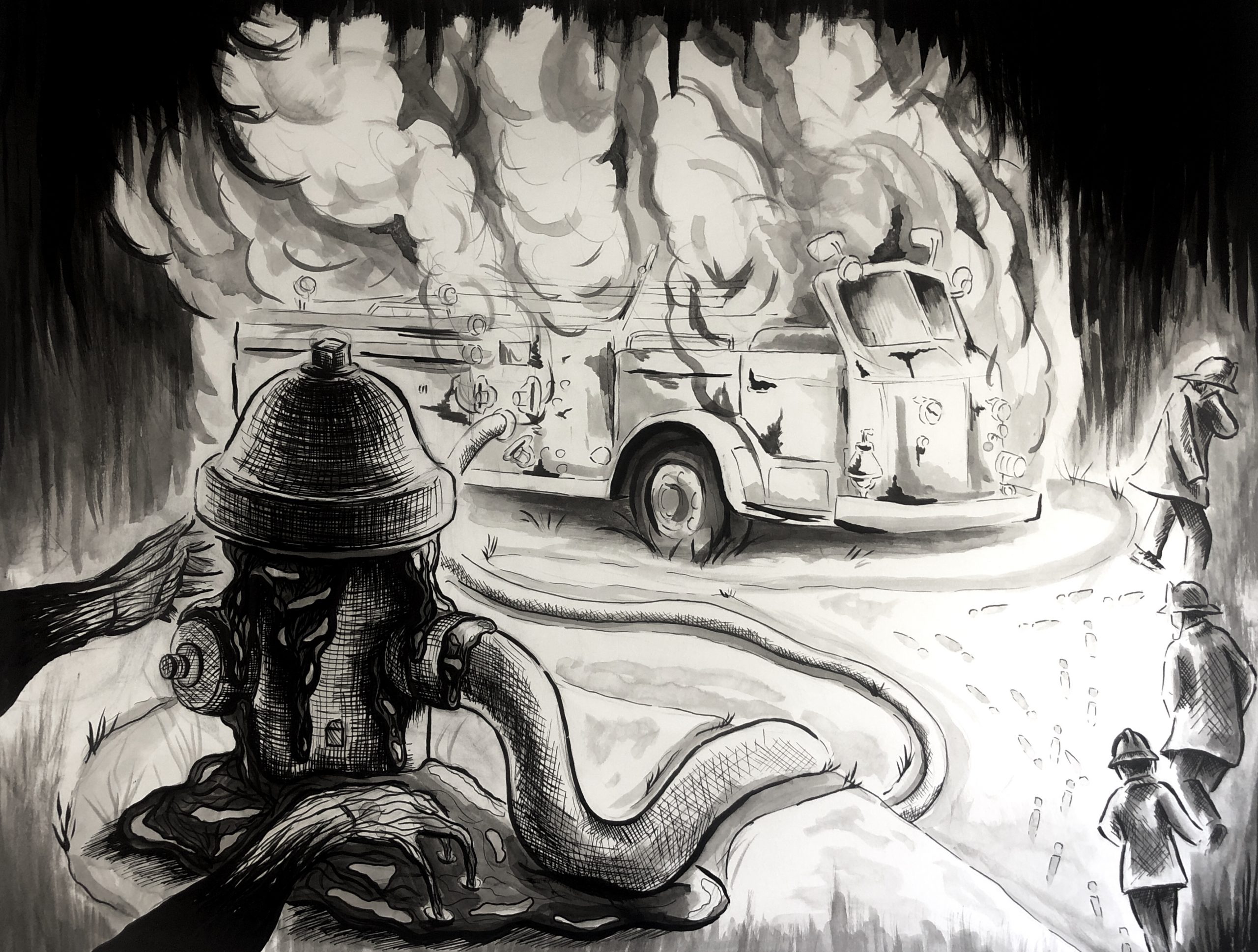 ink drawing by Hannah Kim of a fire truck burning