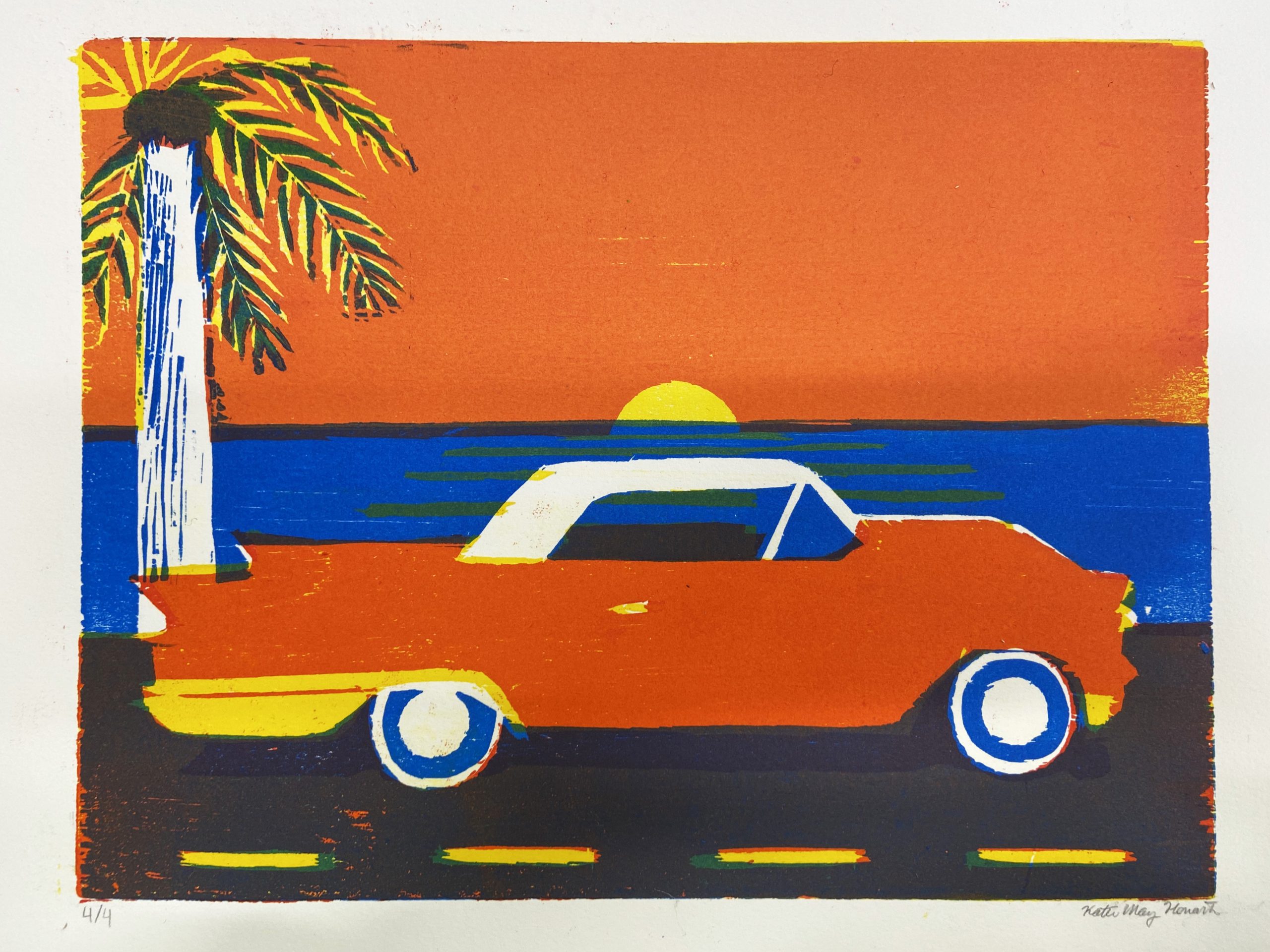 Colorful art print of a vintage car by a beach with a palm tree in the background, by Katie May Howarth