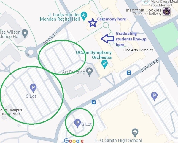 Map of parking around UConn Fine Arts Complex